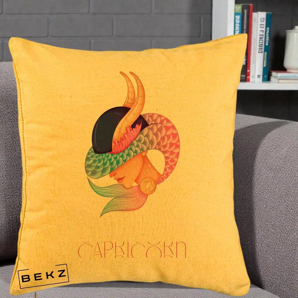 Perna Personalizata Zodiac Capricorn Cowgirl, 40x40 cm, Galben, Husa Detasabila, Perna Inclusa, BEKZ®