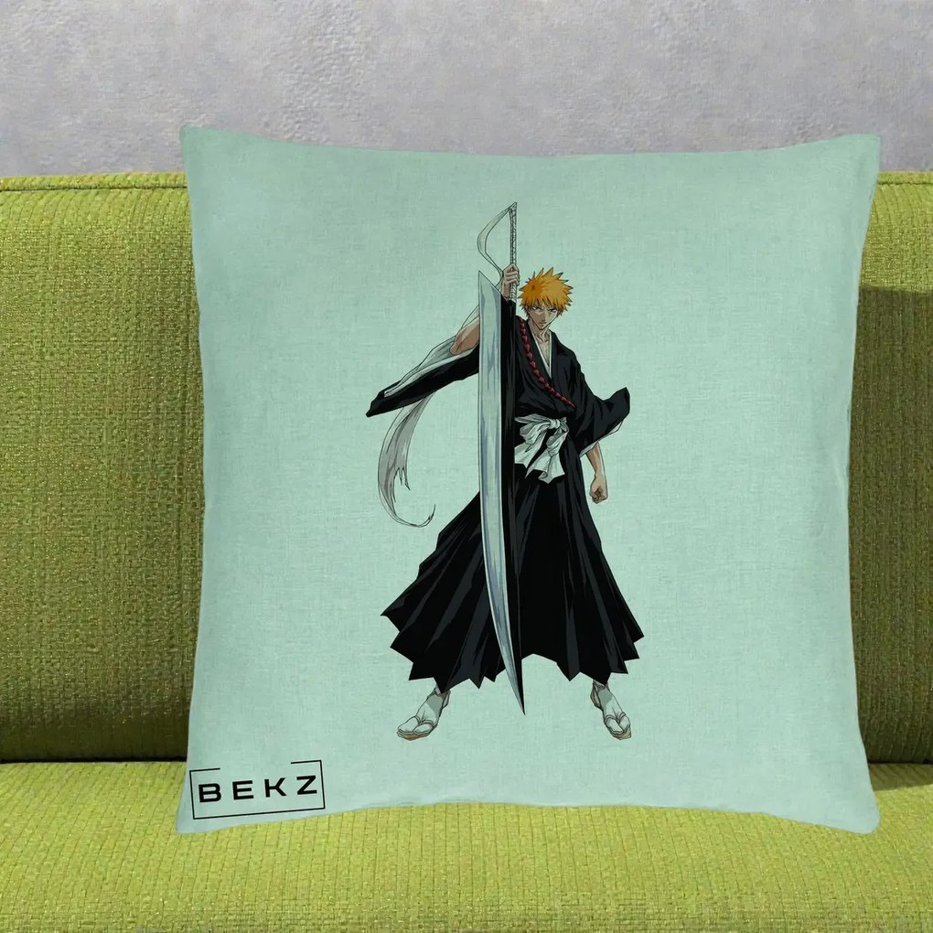 Perna Personalizata Bleach Ichigo Kurosaki Zangetsu, 40x40 cm, Verde Menta, Husa Detasabila, Perna Inclusa, BEKZ®