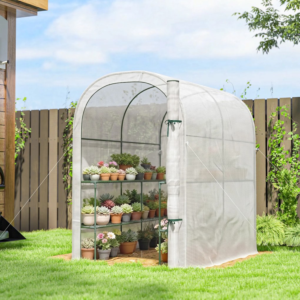 Outsunny Seră de Grădină cu Rafturi și Ușă Rulabilă, Seră pentru Grădină cu Cadru din Oțel, Acoperiș din PE Anti-UV, pentru Legume, Flori și Plante, 123x187x189 cm, Alb | Aosom Romania