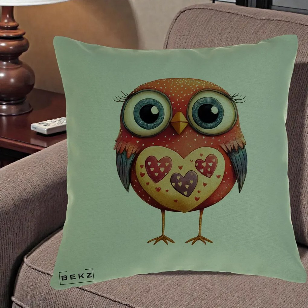Perna Decorativa Bufnita Rosie cu Inimi Aurii, 40x40 cm, Verde, Husa Detasabila, Perna Inclusa, BEKZ®