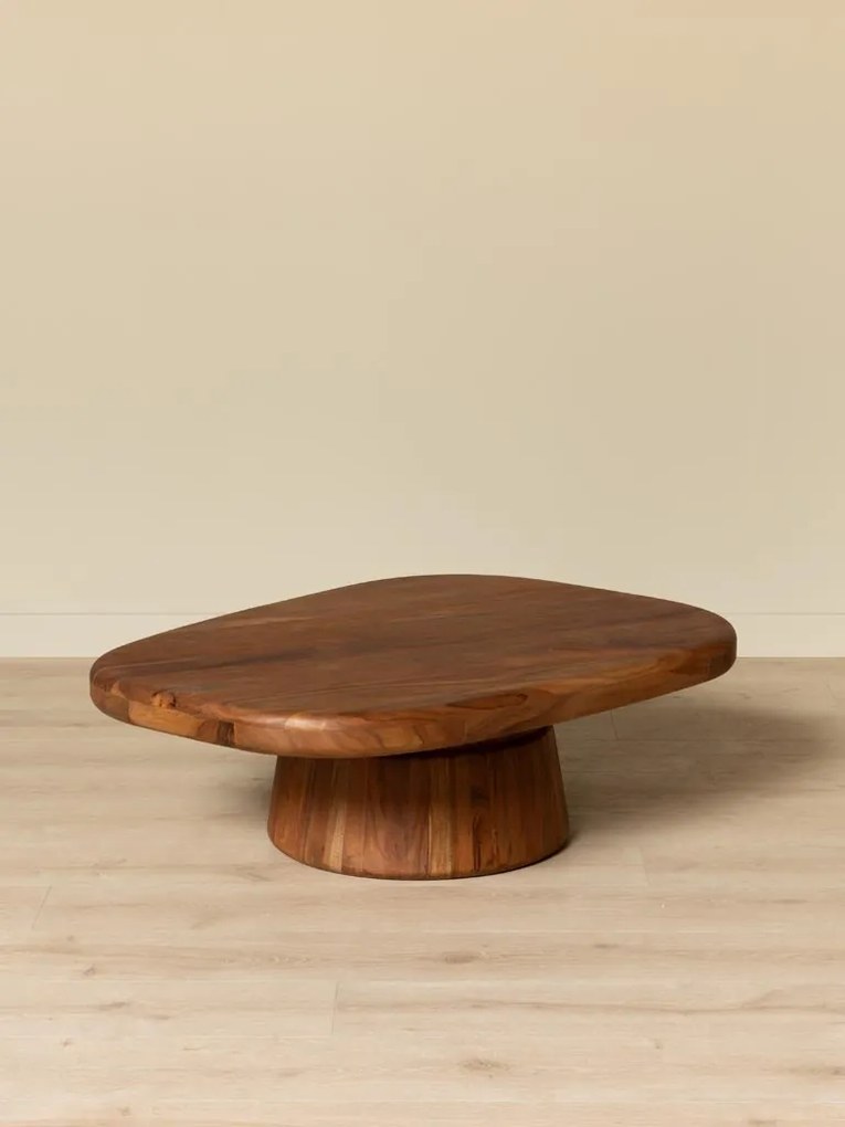 Măsuță de cafea din lemn de acacia, ovală, cu picior sculptural, maro antichizat, finisaj satinat, 115×86×39 cm, „Ningula"