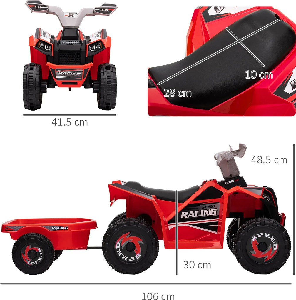 HOMCOM Quad Electric pentru Copii cu Remorcă, Pedală, Mers Înainte și Înapoi, 2,5 km/h, 18-36 Luni, Roșu | Aosom Romania
