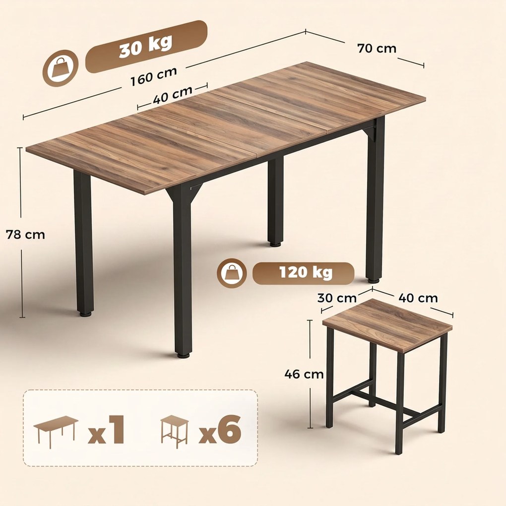 HOMCOM Set Masă Da Dining Extensibil 160 cm Cm, Negru Nuc | Aosom Romania