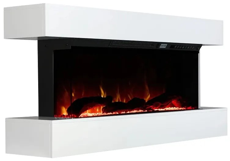 Șemineu electric, montare independentă, cadru MDF, sticla securizata, flacara LED cu efect realist, difuzor cu sunet de lemne trosnind, Alb