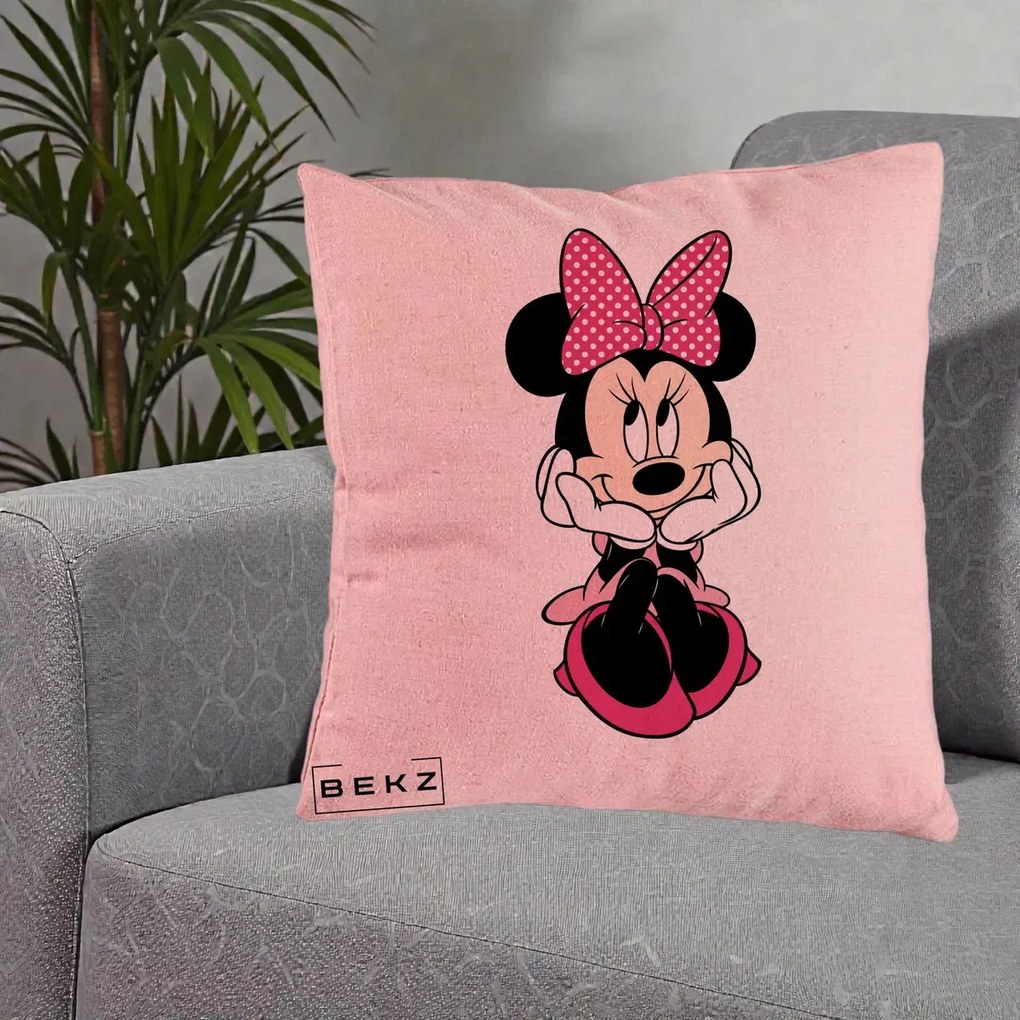 Perna Personalizata Minnie Mouse cu Fundita, 40x40 cm, Roz, Husa Detasabila, Perna Inclusa, BEKZ®