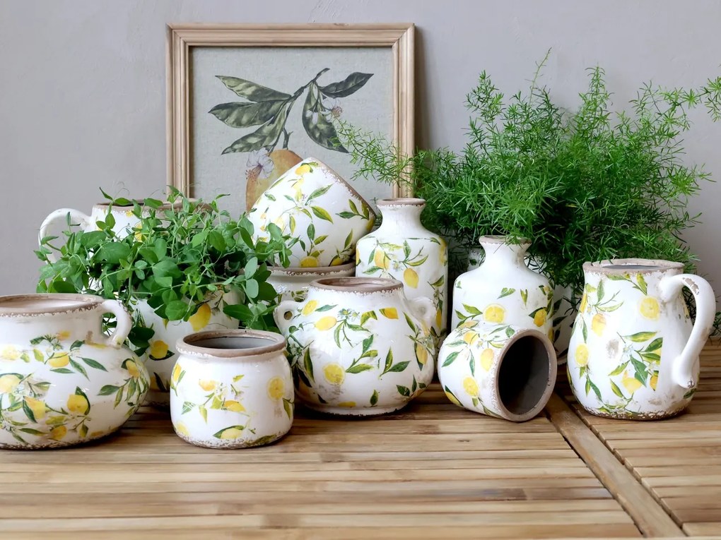 Ghiveci din ceramică, pictat manual, crem, H13/D20 cm, Limone