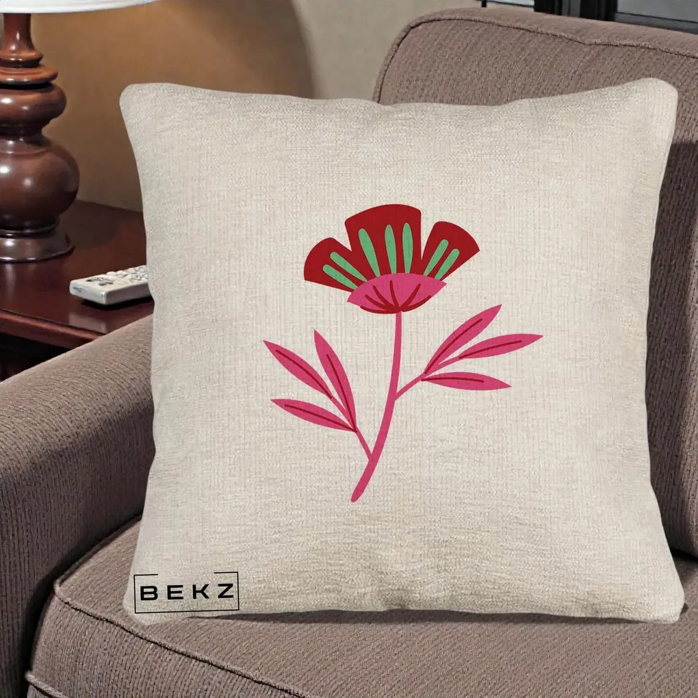 Perna Decorativa Floare Macul Roz-Rosu Grafic, 40x40 cm, Bej Canapea, Husa Detasabila, Perna Inclusa, BEKZ®