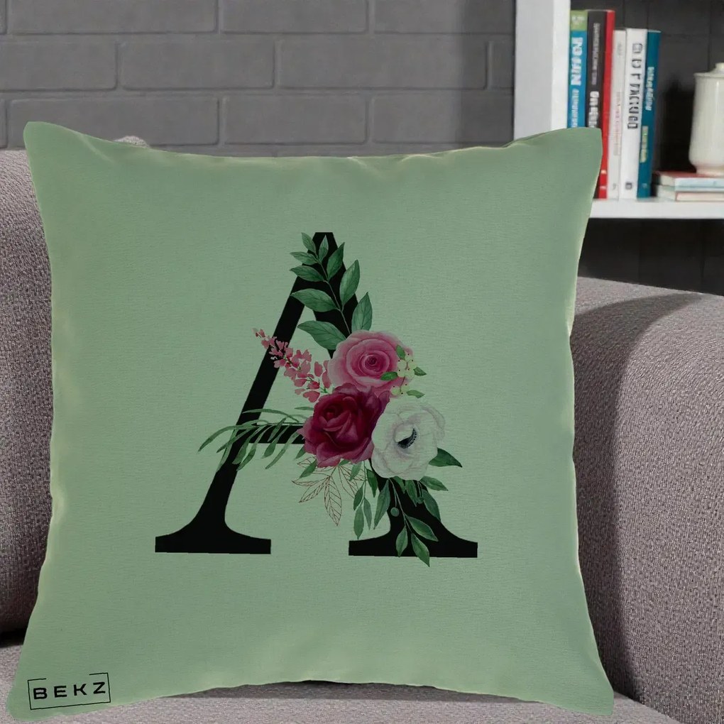 Cadou Personalizat - Perna Personalizata Monograma Florala Litera A, 40x40 cm, Verde, Husa Detasabila, Perna Inclusa, BEKZ®