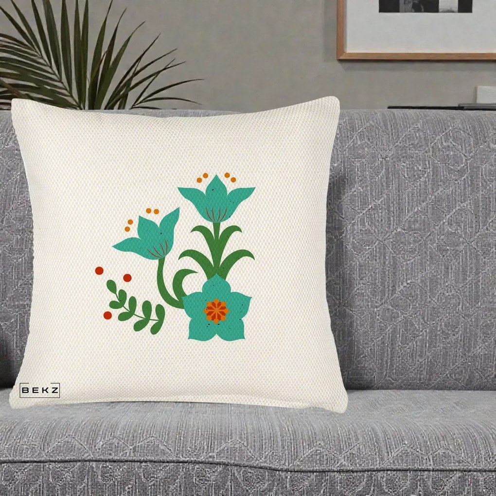 Perna Decorativa Flori Stilizate Folk Turcoaz, 40x40 cm, Crem Reliefat, Husa Detasabila, Perna Inclusa, BEKZ®