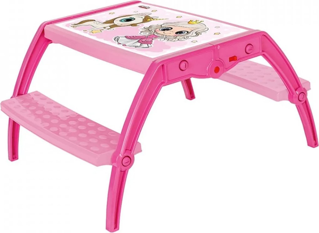 Masuta copii din plastic aditivat cu doua bancute Novokids™ Study Table, dimensiuni 95X78X49 cm, Suprafata lucioasa, Model Printesa cu Unicorn, Roz