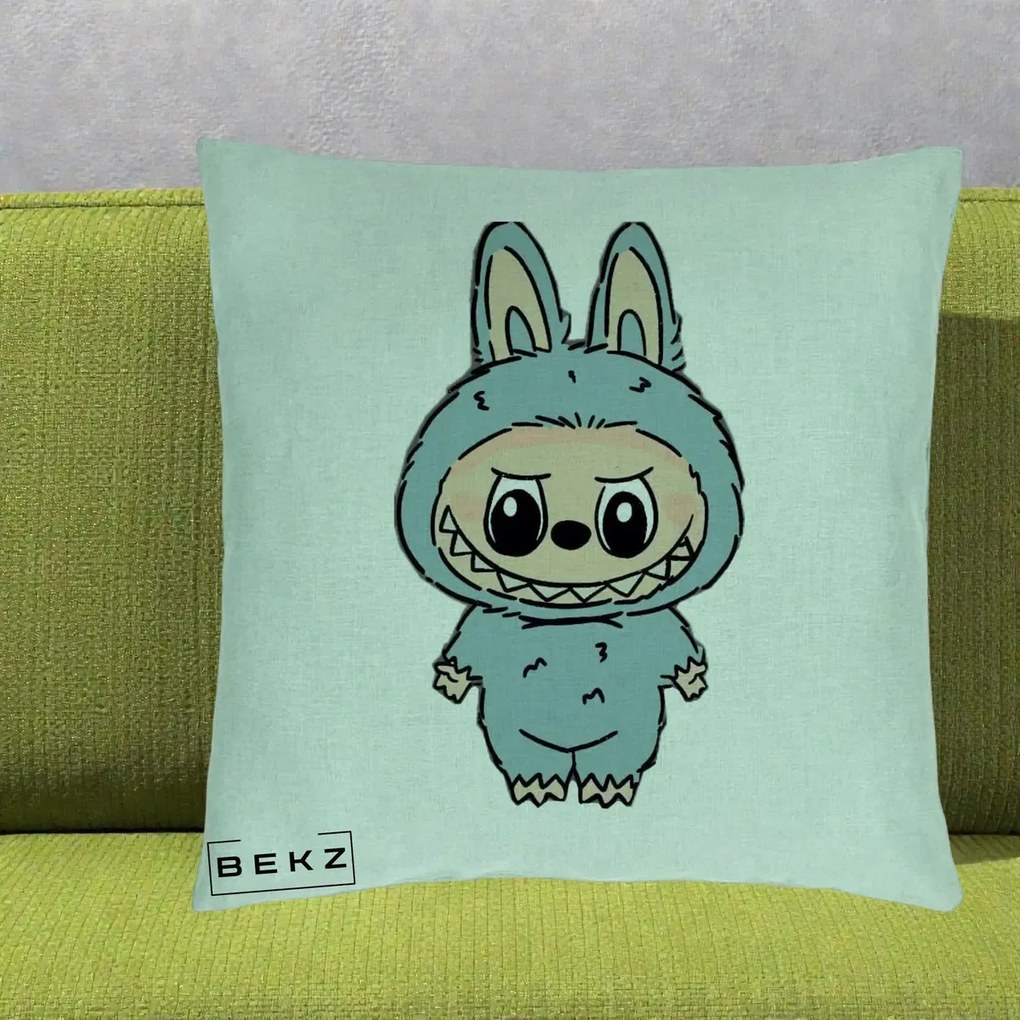 Perna Personalizata Labubu Albastru-Gri Solo, 40x40 cm, Verde Menta, Husa Detasabila, Perna Inclusa, BEKZ®