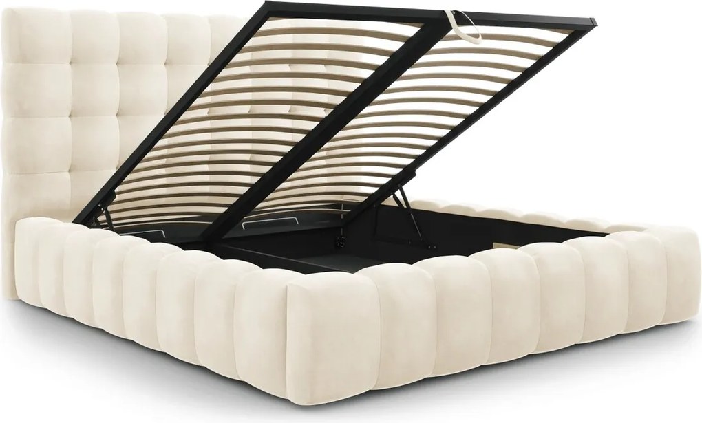 Pat tapitat cu tablie si lada depozitare, Mamaia, Micadoni Home, BL, 180x200 cm, catifea, bej deschis