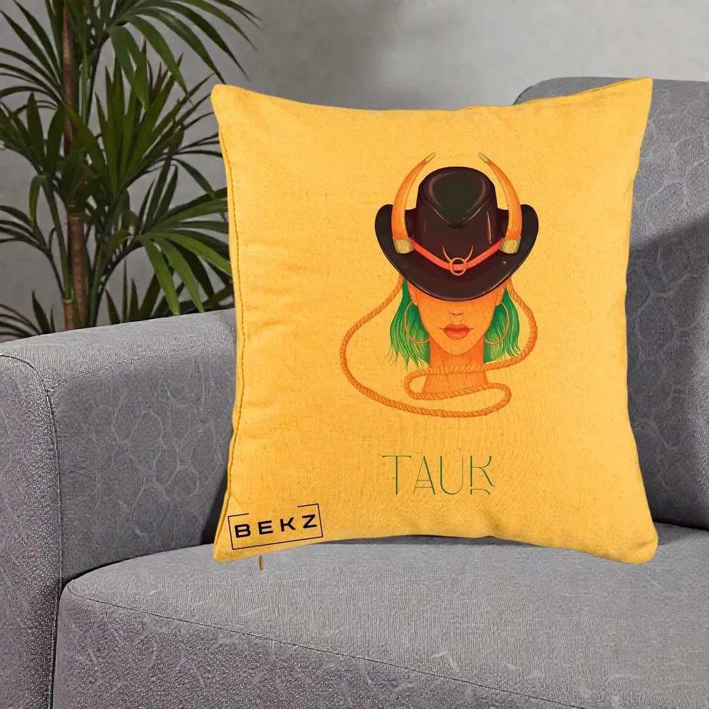 Perna Personalizata Zodie Taur, 40x40 cm, Galben, Husa Detasabila, Perna Inclusa, BEKZ®