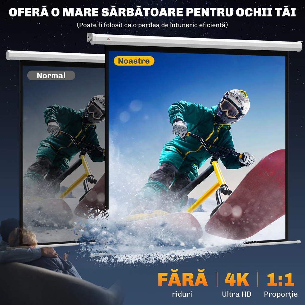 HOMCOM Ecran Proiecție de 85 inch 1:1 cu Telecomandă, Pânză de Proiector Rulantă, 176,5x8x176,5 cm, Alb | Aosom Romania