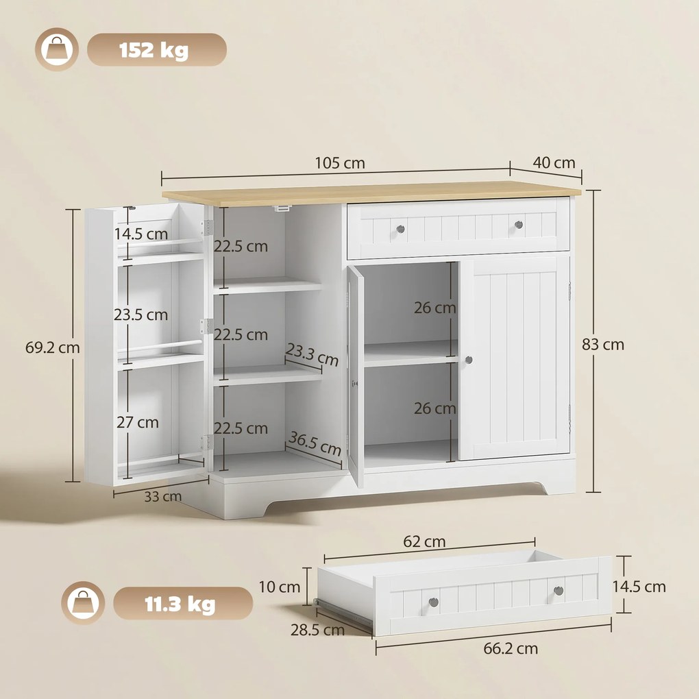 HOMCOM Bufet de bucătărie, mobilier de depozitare cu 3 uși, sertar, rafturi pe ușă și raft reglabil, 105x40x83cm, alb | Aosom Romania