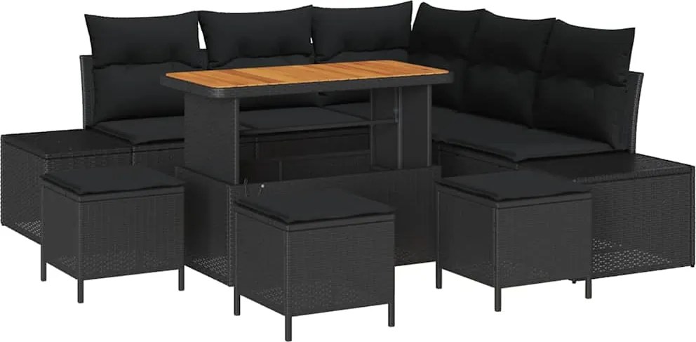 vidaXL Set de canapele pentru grădină cu pernă 9 pcs Negru poliratan