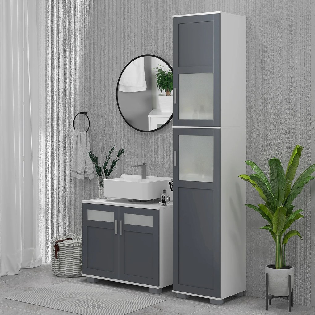 kleankin Dulap înalt de Baie Mobilier Coloană de Baie cu 2 Uși de Sticlă Temperată și Rafturi Ajustabile 37x35x190 cm Alb și Gri | Aosom Romania
