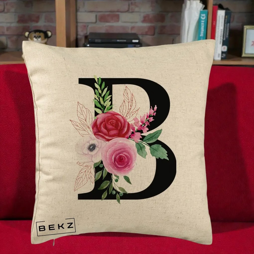 Cadou Personalizat - Perna Personalizata Monograma Florala Litera B, 40x40 cm, Bej, Husa Detasabila, Perna Inclusa, BEKZ®