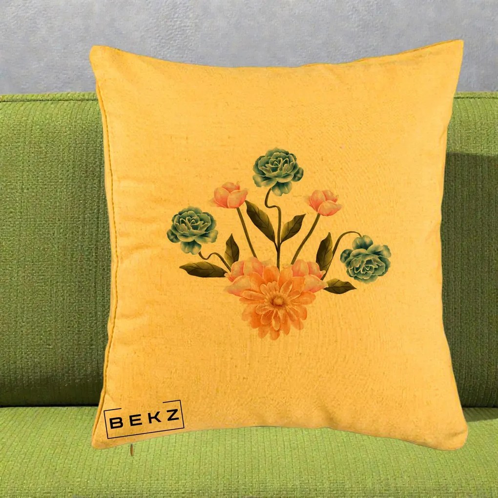 Perna Decorativa Buchet Primavara Acuarela, 40x40 cm, Galben, Husa Detasabila, Perna Inclusa, BEKZ®