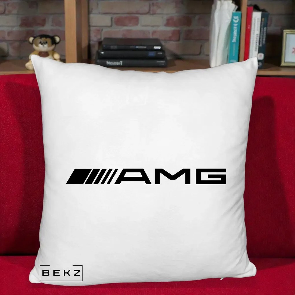 Perna Personalizata cu emblema Mercedes-AMG, 40x40 cm, Alb Pufos, Husa Detasabila, Perna Inclusa, BEKZ®