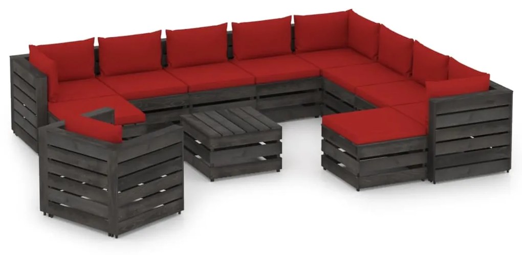 3068510 vidaXL Set mobilier grădină cu perne, 12 piese, gri, lemn tratat