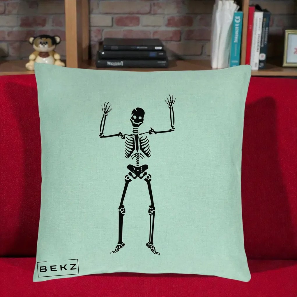 Perna Decorativa Halloween Schelet Dansator, 40x40 cm, Verde Menta, Husa Detasabila, Perna Inclusa, BEKZ®