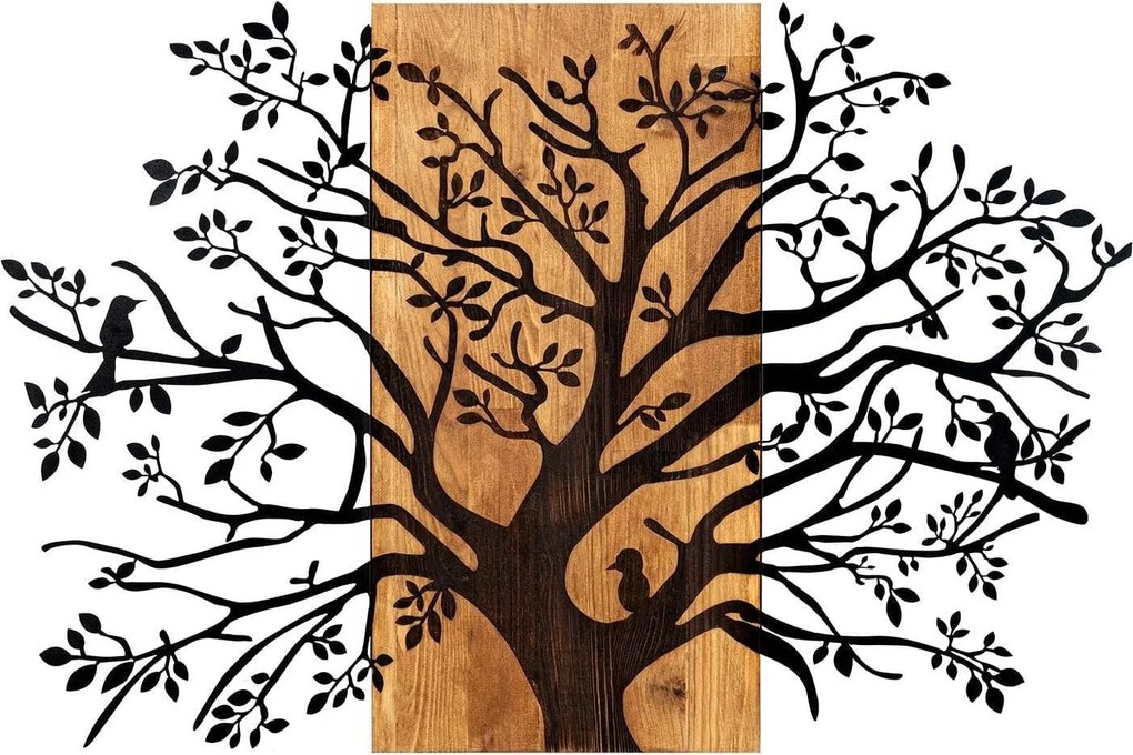Decoratiune perete KAVAK, negru/stejar, metal/lemn, 85x58 cm