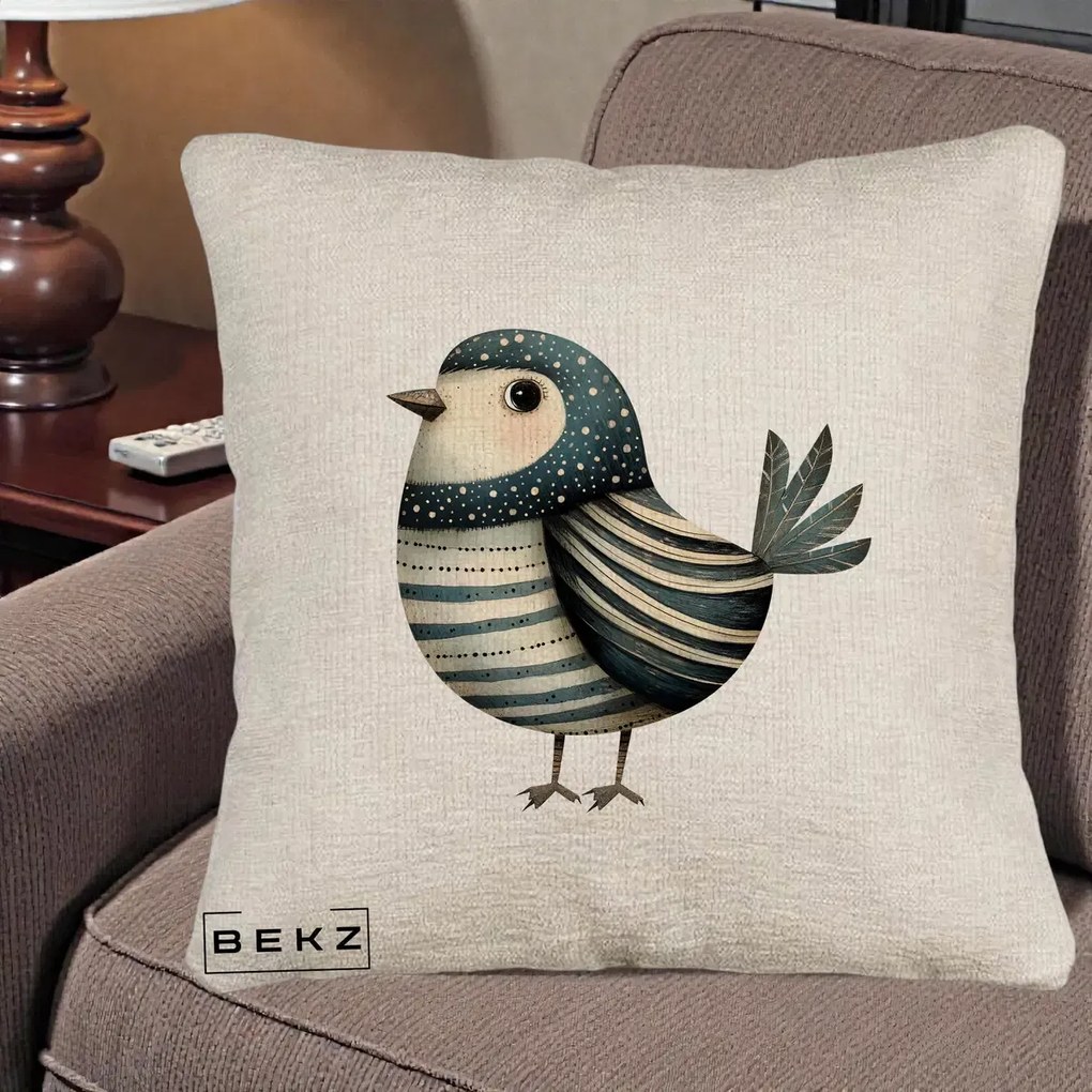 Perna Decorativa Pasare Teal Decorativa Dungata, 40x40 cm, Bej Canapea, Husa Detasabila, Perna Inclusa, BEKZ®