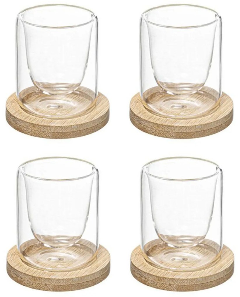 Set 4 Pahare Espresso sticla cu perete dublu si suport din Bambus, 80ml