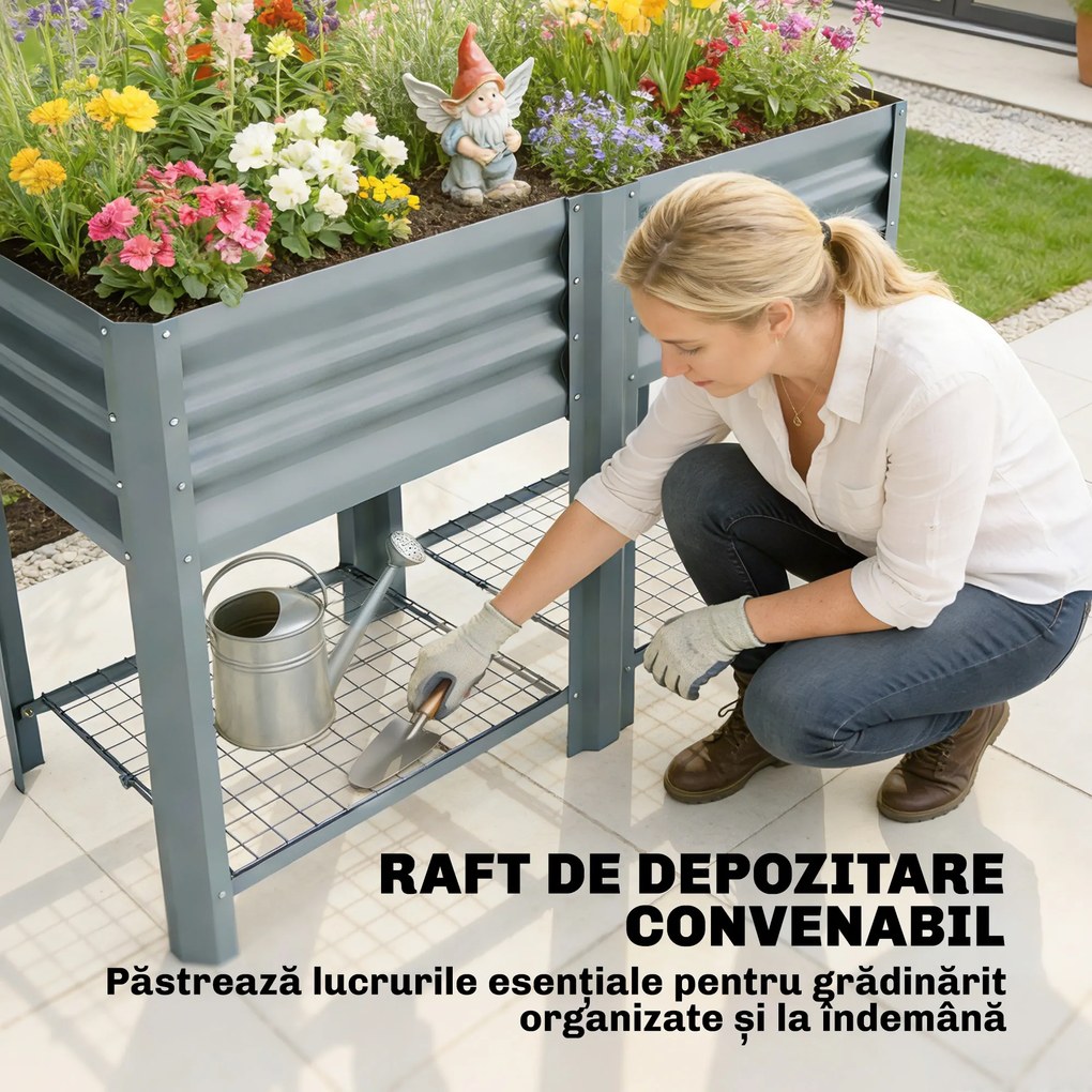 Outsunny Jardinieră Ridicată cu Raft de Depozitare, 150L, Oțel Galvanizat, Înălțime 80 cm, pentru Grădină sau Terasă | Aosom Romania