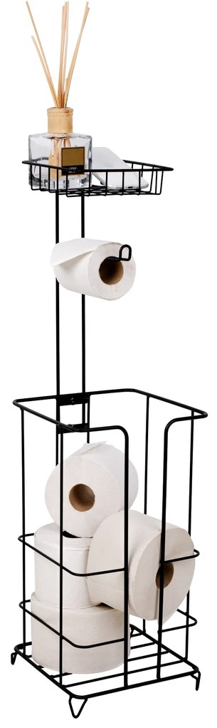 Suport hârtie igienică cu raft, metal/negru, MERDO