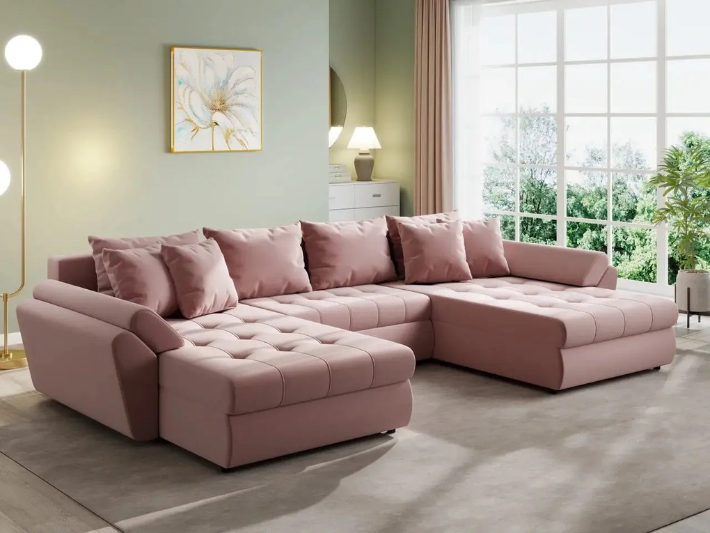 Colțar extensibil dumonde cu ladă de depozitare si sezut confortabil din spuma high-density, Loana U Royal Pink 355x185 cm