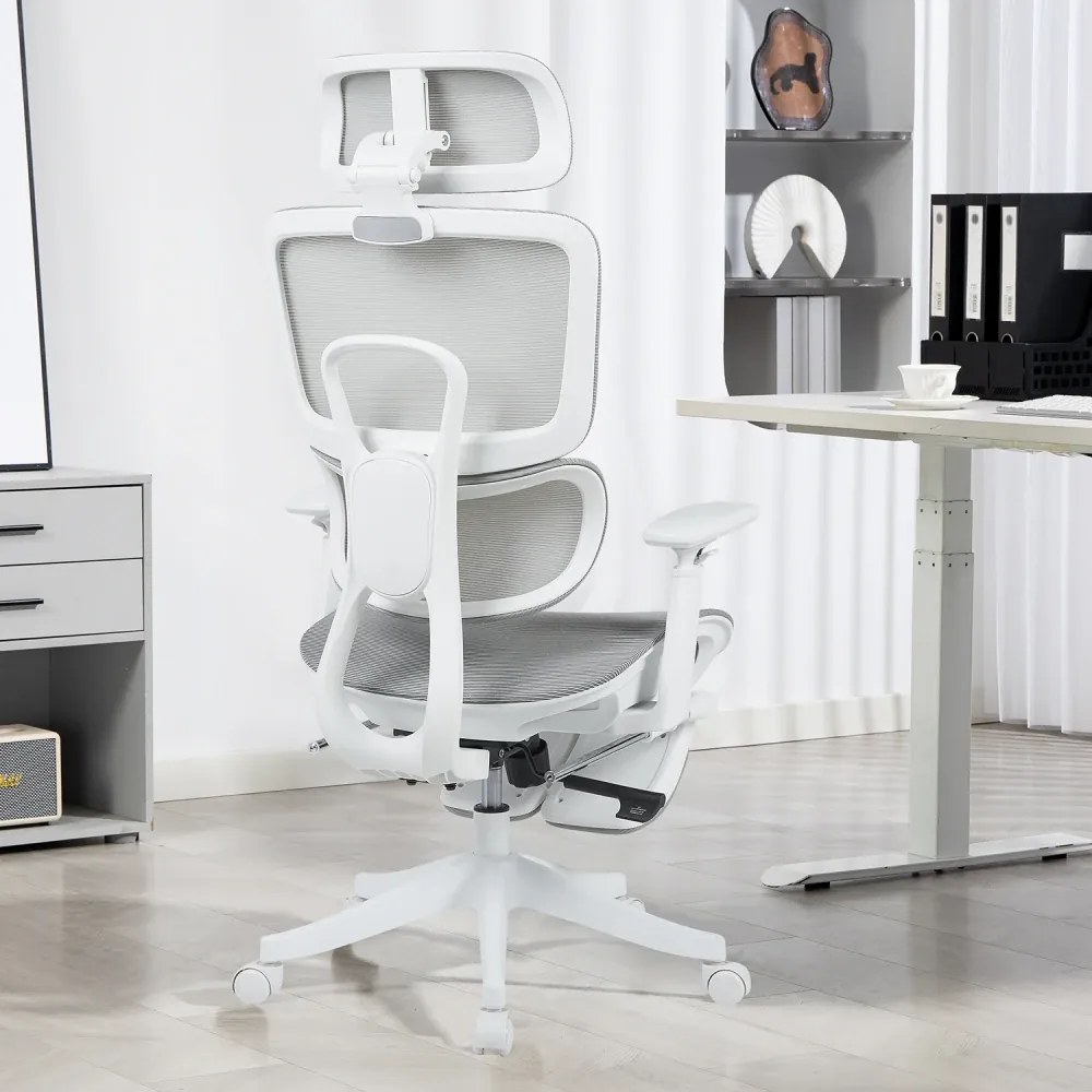 Scaun Ergonomic Premium Mesh cu Suport pentru Picioare, Reclinare 145°, Tetieră Reglabilă, Cotiere 3D, Suport Lombar Elastic și Șezut cu adâncime reglabilă, Gri