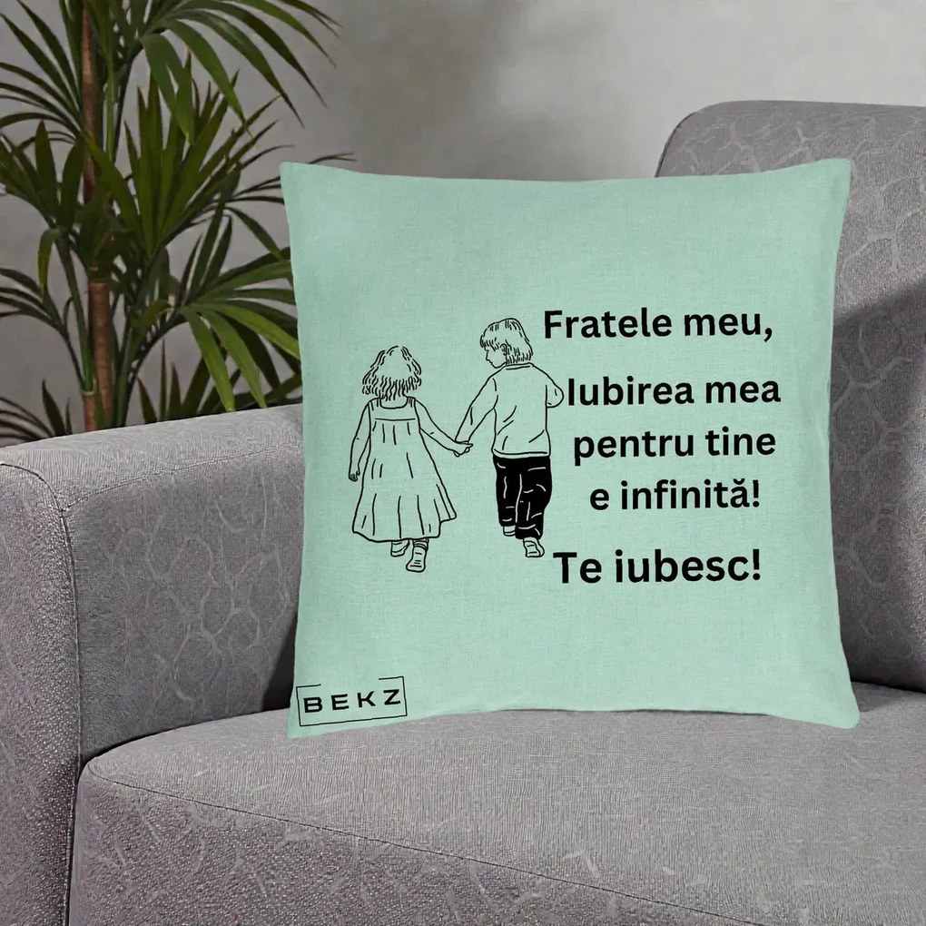 Cadou pentru Frate - Perna Personalizata Fratele Meu Te Iubesc Copii Tinand Maini Varianta 2, 40x40 cm, Verde Menta, Husa Detasabila, Perna Inclusa, BEKZ®