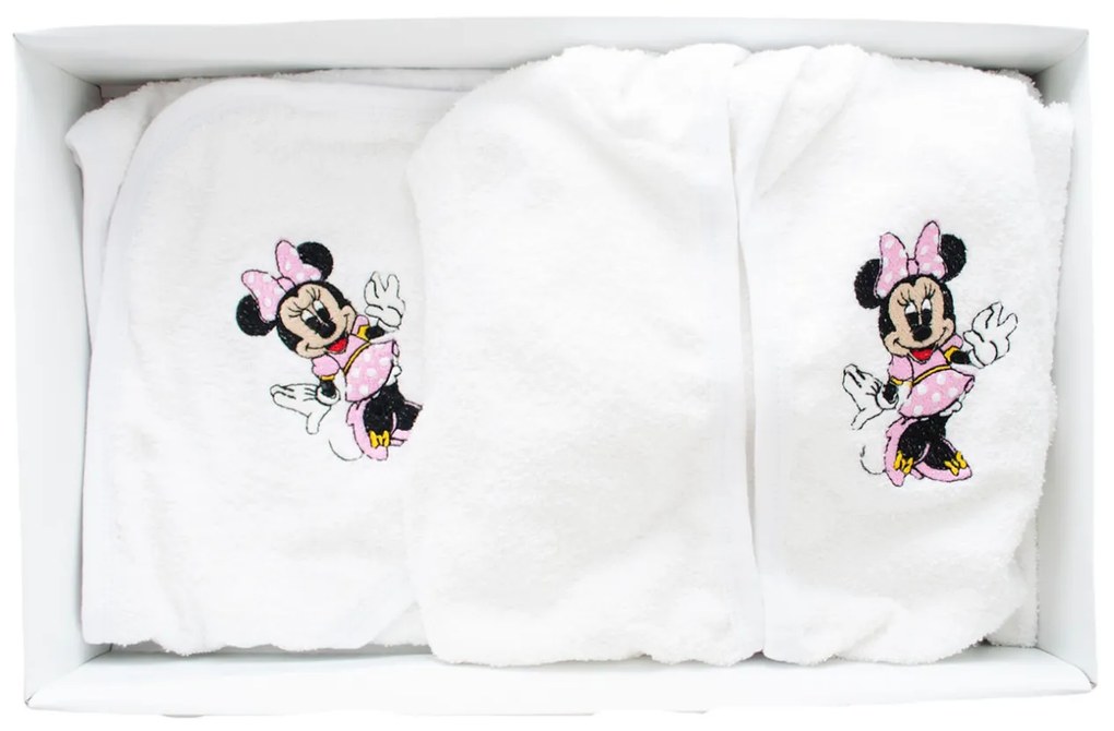 Set de baie pentru bebelusi, cu 3 piese, brodat cu Minnie Mouse, Alb- SDB-10