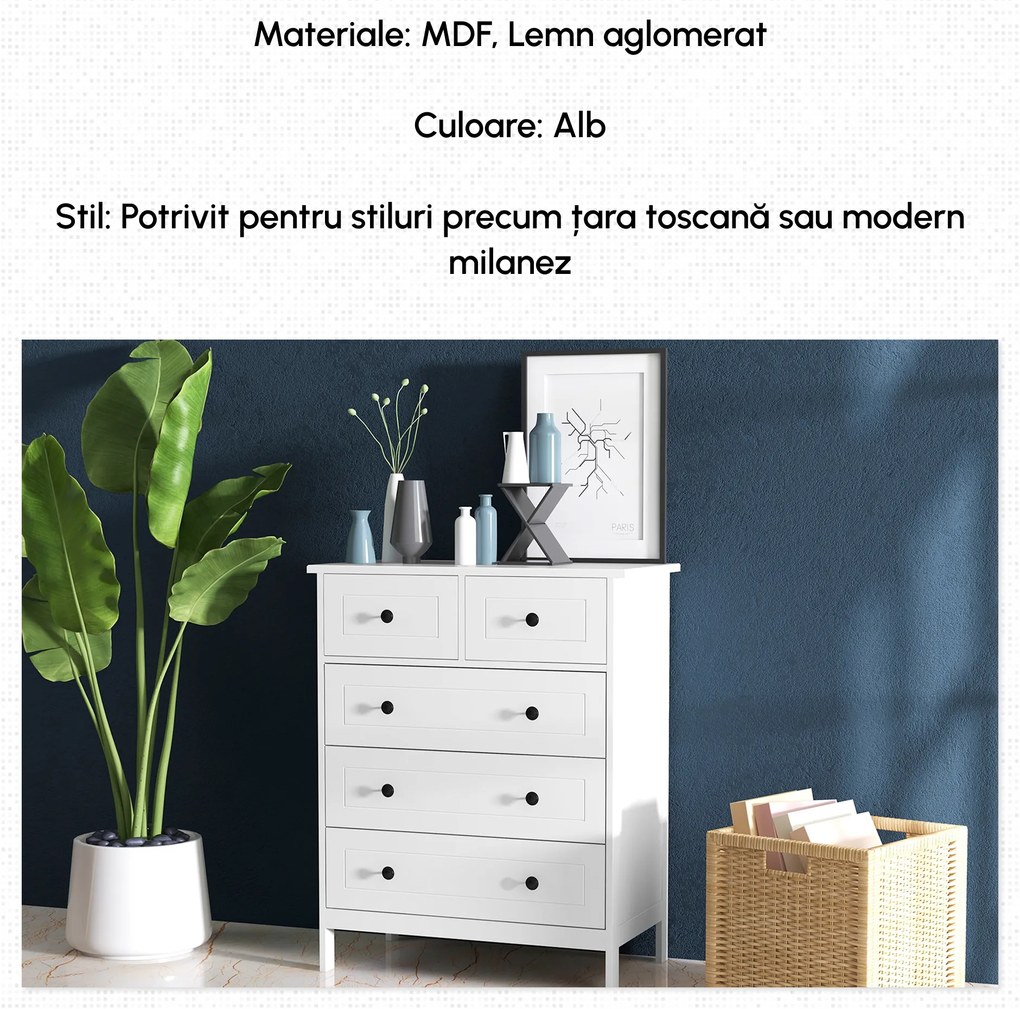 HOMCOM Comoda cu Sertare, Unitate de Organizare si Depozitare cu 5 Sertare, cu Manere, pentru Dormitor, Camera de Zi, Alb