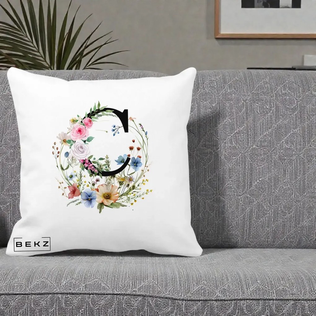 Cadou Personalizat - Perna Personalizata Monogram Litera C cu Flori Acuarela, 40x40 cm, Alba Mata, Husa Detasabila, Perna Inclusa, BEKZ®
