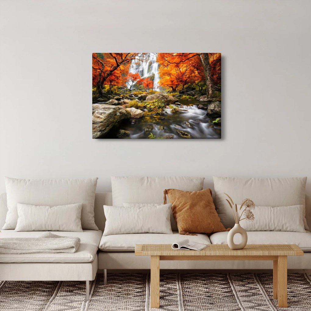 Tablou - Cascade în peisaj de toamnă, portocaliu (90x60 cm)
