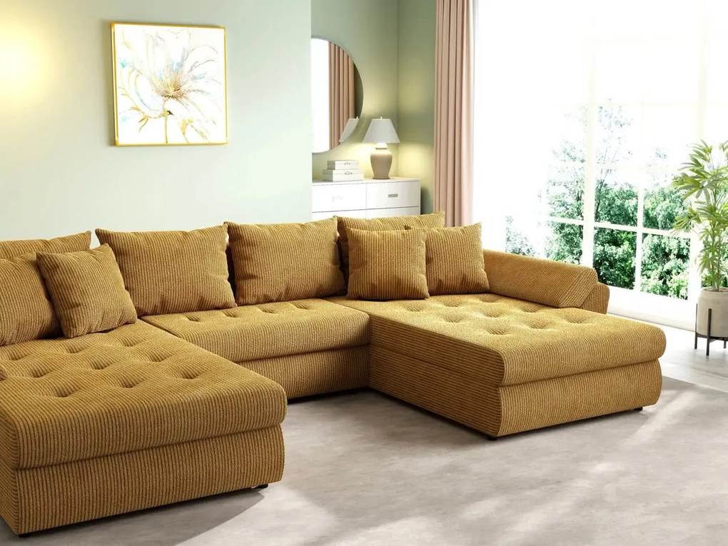 Colțar extensibil dumonde cu ladă de depozitare si sezut confortabil din spuma high-density, Loana U Zoom Mustar 355x185 cm