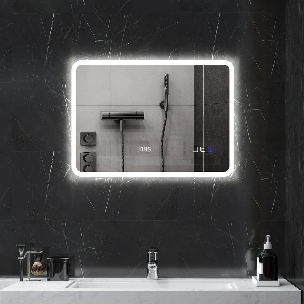 HOMCOM Oglindă de Baie cu Leduri 70x50 cm cu Bluetooth 3 Culori de Lumină Ceas Digital Funcție Anticeață Funcție de Memorie | Aosom Romania