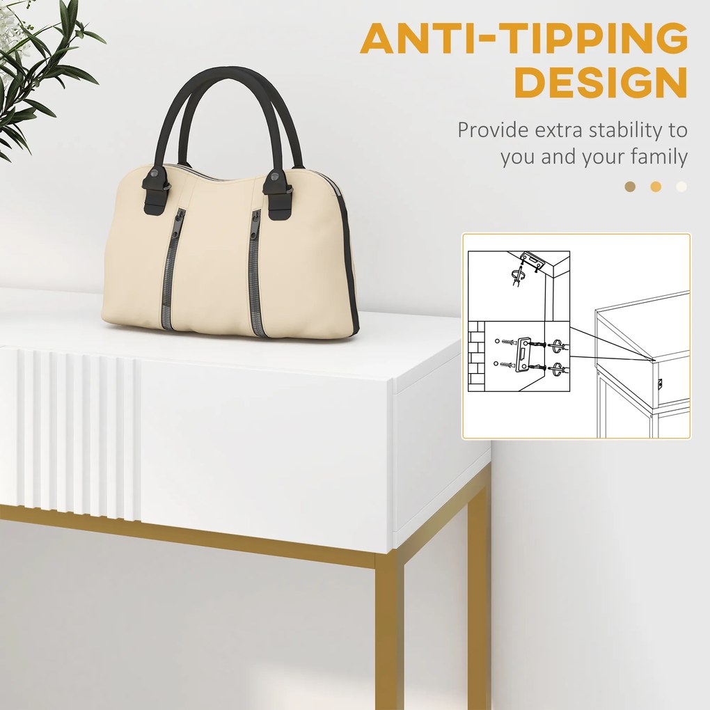 HOMCOM Masă Consolă cu 2 Sertare, Masă Modernă de Intrare cu Bază din Oțel în Ton Auriu, 80x31.5x75 cm, Alb | Aosom Romania