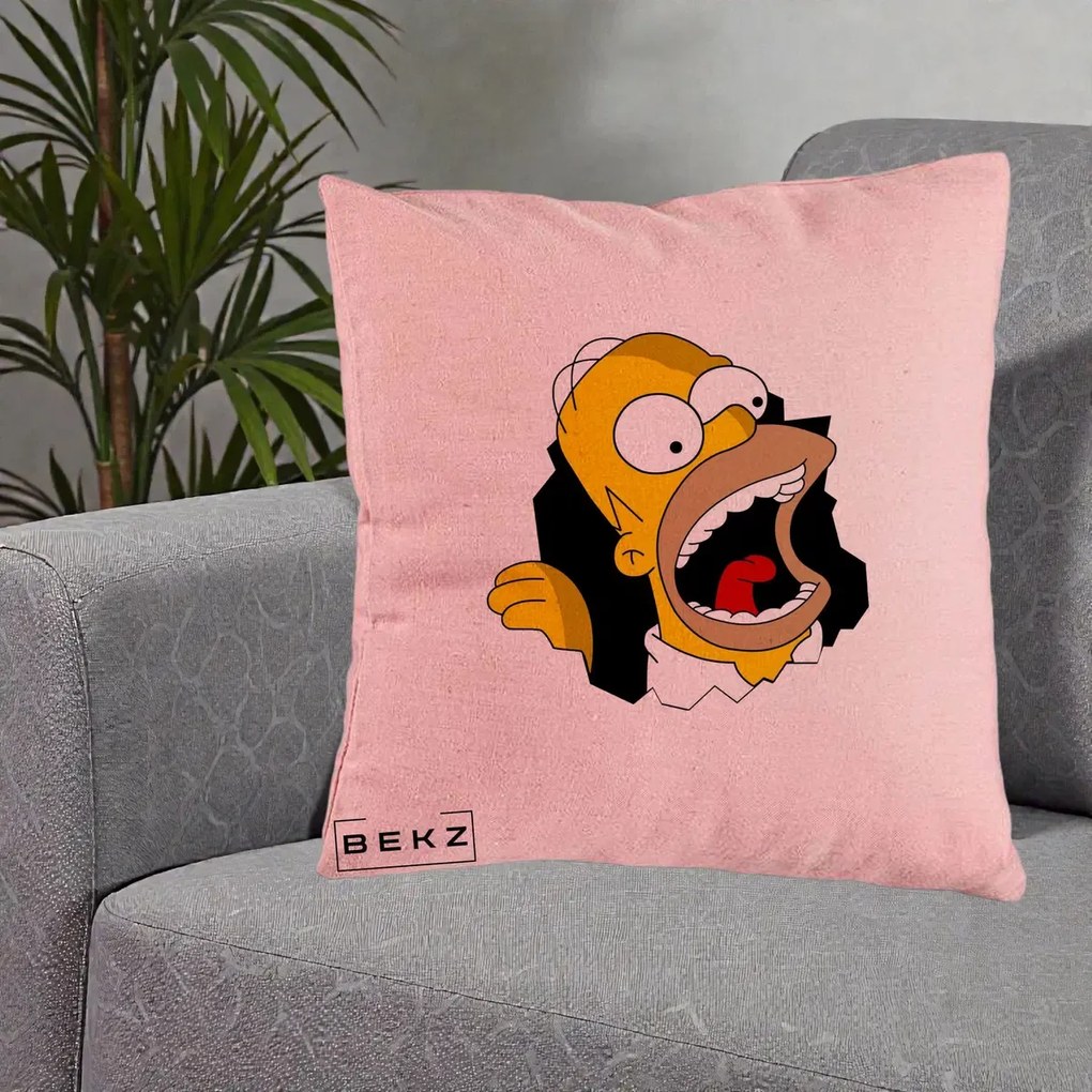 Perna Personalizata Homer Simpson Surpriza, 40x40 cm, Roz, Husa Detasabila, Perna Inclusa, BEKZ®