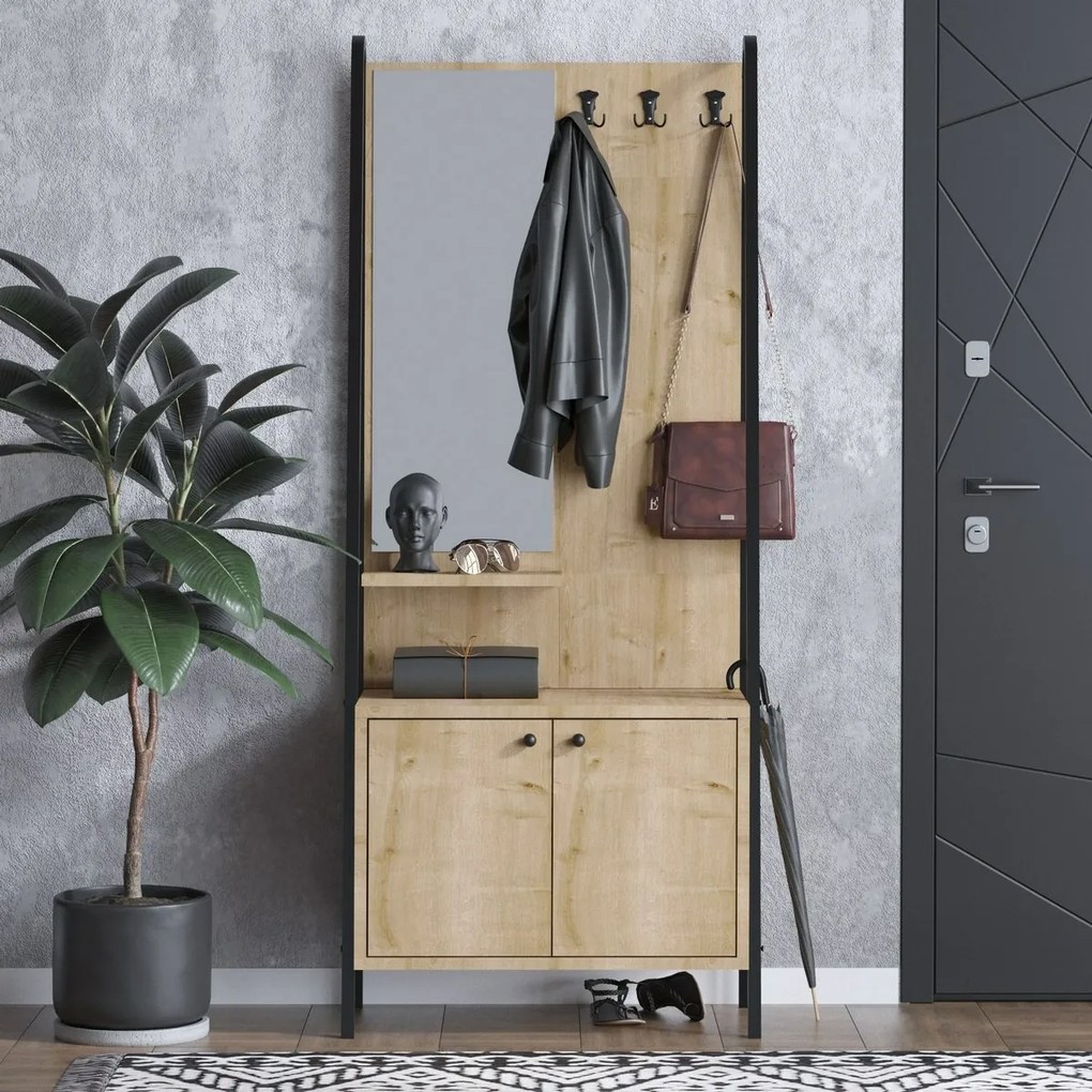Cuier cu dulap de pantofi Lumi Oak and Black