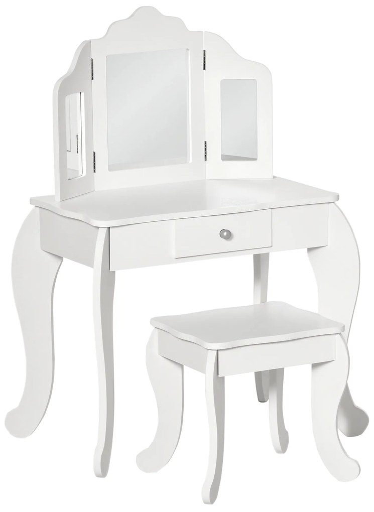 HOMCOM Coafatoare pentru Copii cu Taburet, oglindă triptică și Sertar Culisant - Dimensiuni Coafatoare 63L x 40l x 85,5H cm - Alb Acrilic | Aosom Romania