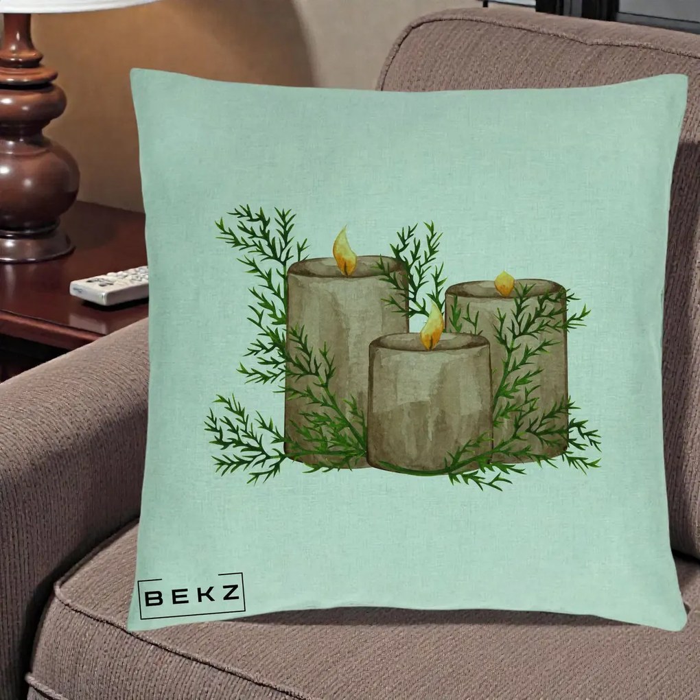 Perna Decorativa Lumanari Rustice cu Crengute Brad, 40x40 cm, Verde Menta, Husa Detasabila, Perna Inclusa, BEKZ®