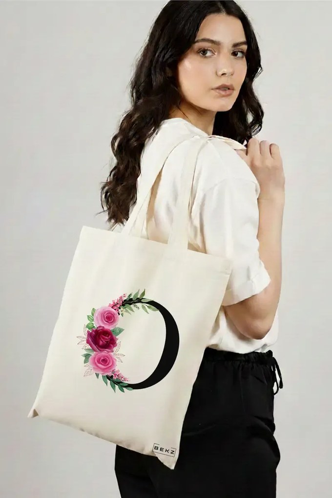 Sacosa de Panza pentru Cumparaturi, Geanta Tote, Cu litera O si Trandafiri, 38x34.5 cm, Alba, BEKZ®