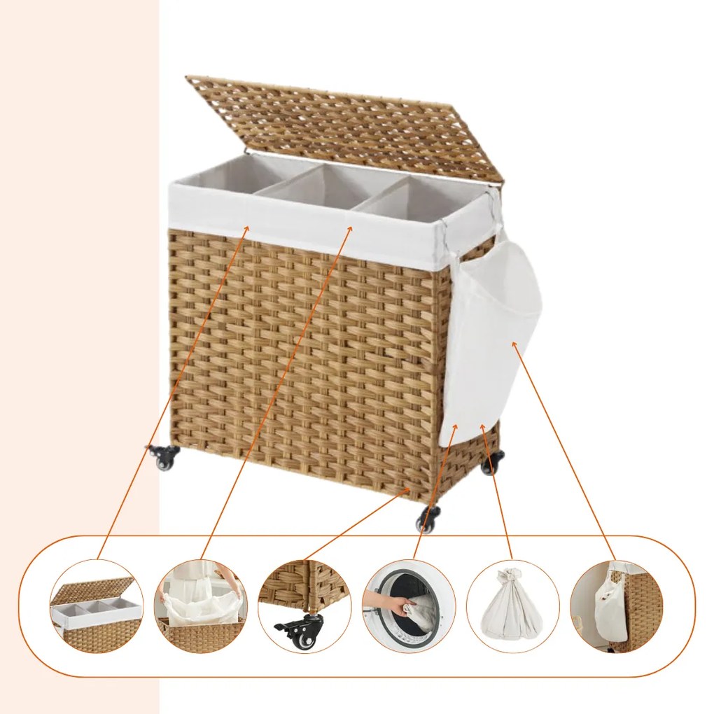 Coș de rufe pe roți din ratan sintetic AVA, 140L, maro natural SongmicsHome