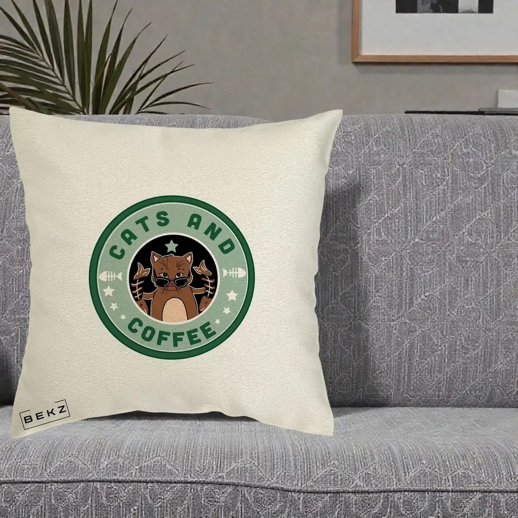 Perna Personalizata Cats and Coffee Starbucks, 40x40 cm, Ecru, Husa Detasabila, Perna Inclusa, BEKZ®