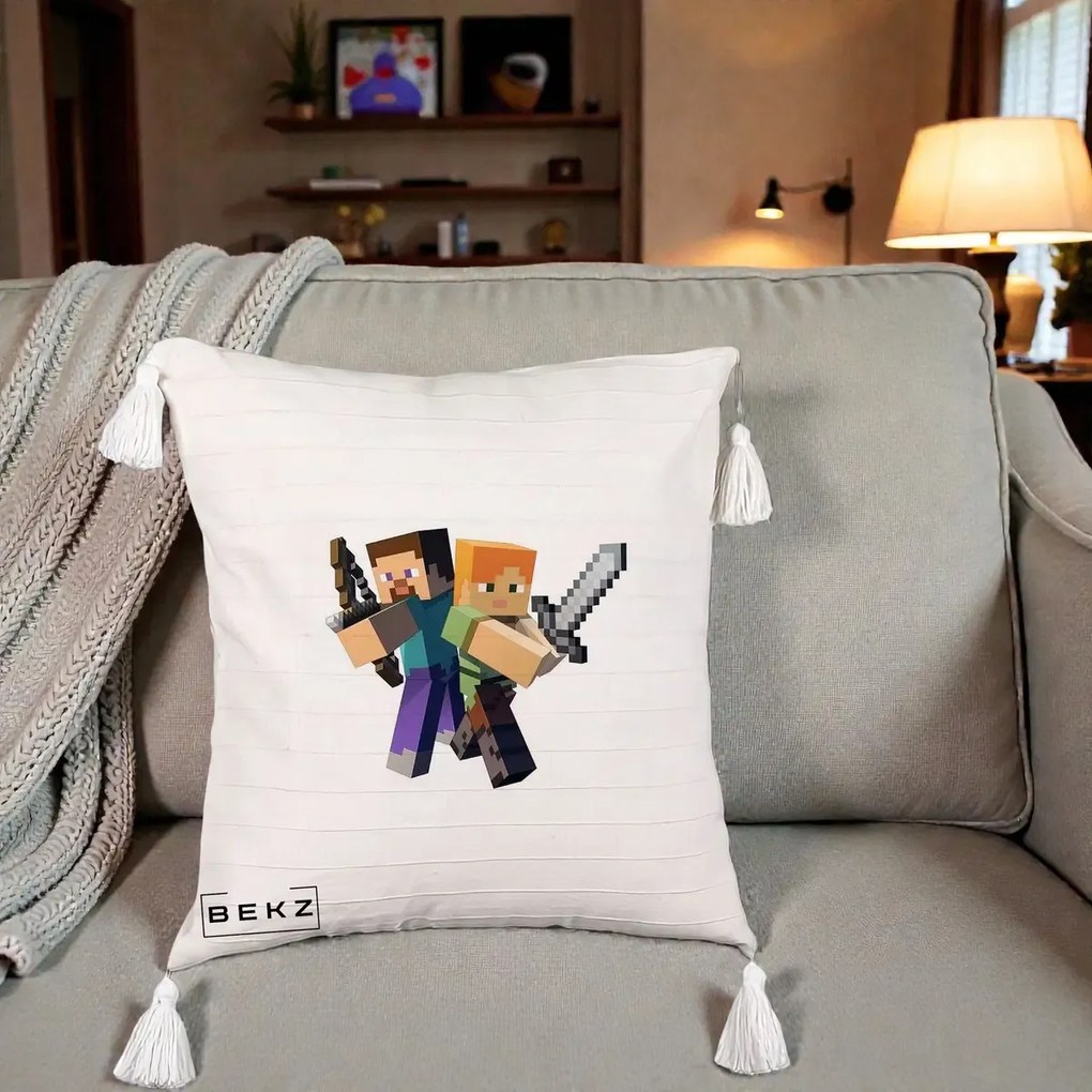 Perna Personalizata Minecraft Steve si Alex, 40x40 cm, Bej cu Franjuri, Husa Detasabila, Perna Inclusa, BEKZ®