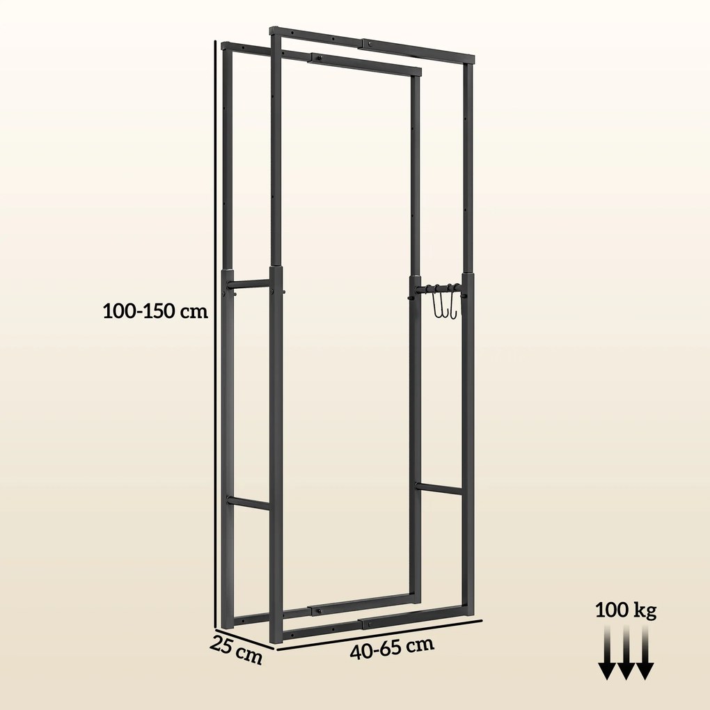 Outsunny Suport pentru Lemne din Metal, Suport Reglabil cu Cârlige în Formă de S, 40-65x25x100-150 cm, Negru | Aosom Romania